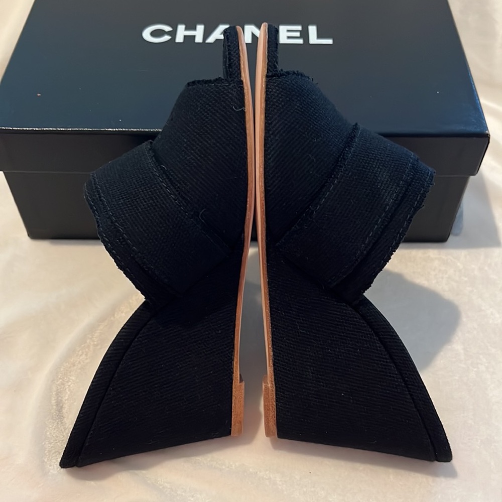 CHANEL Black Wedge Mules with Gold CC Accent - Picture 9 of 9